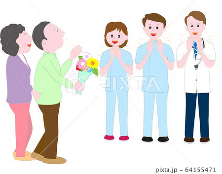 高齢者の退院を見送る医者と看護師のイラスト素材
