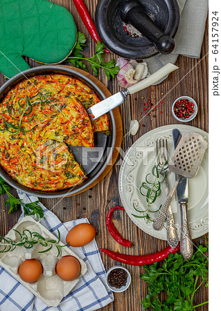 Traditional vegetable Kugel. Traditional vegetable Kugel. 64157924