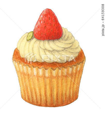 いちごカップケーキ 手描き 水彩のイラスト素材 64159308 Pixta