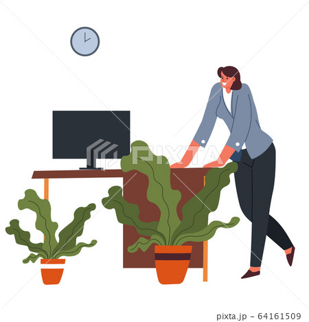 Woman leaning table in office, worker at working place Woman leaning table in office, worker at working place 64161509