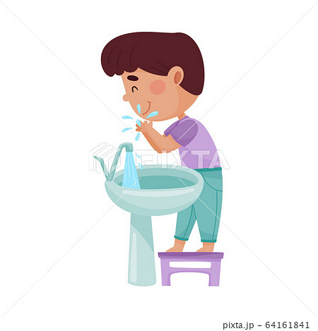 Little Boy Washing His Face Standing on Stool in Front of Sink Vector Illustration Little Boy Washing His Face Standing on Stool in Front of Sink Vector Illustration 64161841