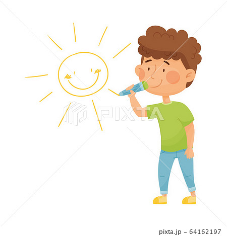 Cheerful Little Boy Drawing Sun With Pencil On のイラスト素材