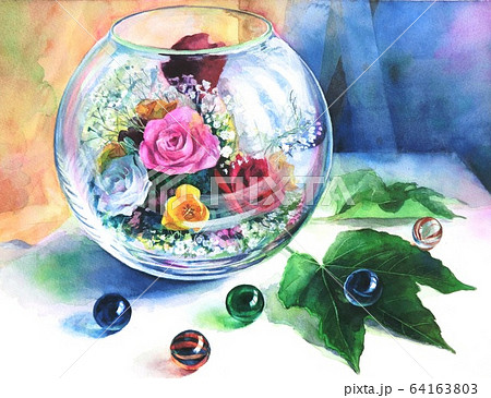 ガラスの中のブリザードフラワーとビー玉と葉っぱを描いた水彩イラス 64163803