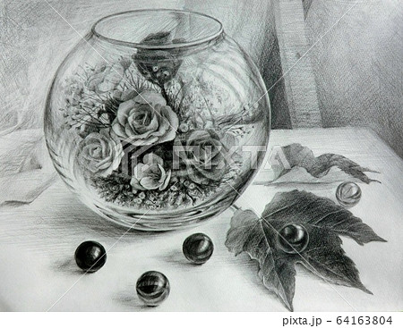 ガラスの中のブリザードフラワーとビー玉と葉っぱを描いた鉛筆デッサンのイラスト素材