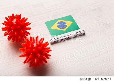 Abstract virus strain model of 2019-nCoV middle East respiratory syndrome coronavirus or coronavirus COVID-19 with text and flag Brazil on white background. Virus pandemic protection concept. 64167674