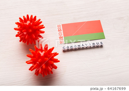Abstract virus strain model of 2019-nCoV middle East respiratory syndrome coronavirus or coronavirus COVID-19 with text and flag Belarus on white background. Virus pandemic protection concept. 64167699