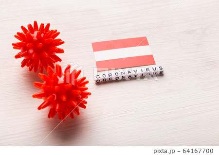 Abstract virus strain model of 2019-nCoV middle East respiratory syndrome coronavirus or coronavirus COVID-19 with text and flag Austria on white background. Virus pandemic protection concept. 64167700