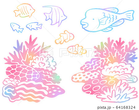 サンゴ礁と熱帯魚の手描きイラストセット グラデーション のイラスト素材