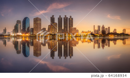 Skyline at lake in Benjakitti park Bangkok Skyline at lake in Benjakitti park Bangkok 64168934