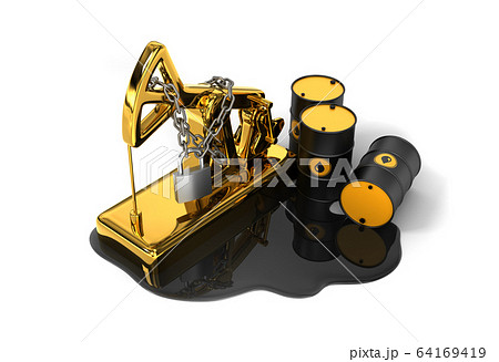 Locked Pumpjack, Barrels And Spilled Oil On White Background. Oil Production Reduction Concept. 64169419