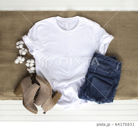 White shirt mockup - tshirt with cotton plant, White shirt mockup - tshirt with cotton plant, 64170831