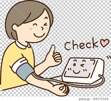 血圧測定-血圧計に向かってグーサインをしている女性 64172329