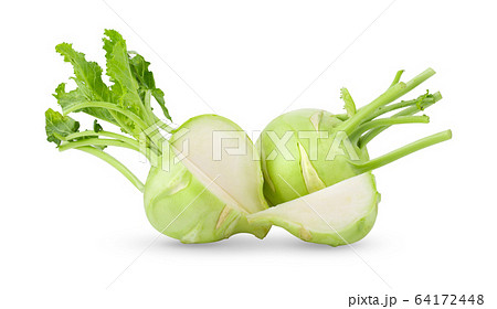 Fresh kohlrabi with green leaves on isolated white backround. full depth of field 64172448