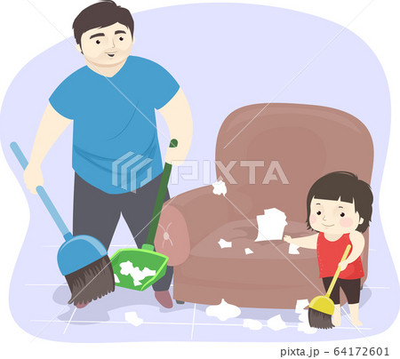 Kid Girl Dad Man Cleaning Mess Illustration 64172601