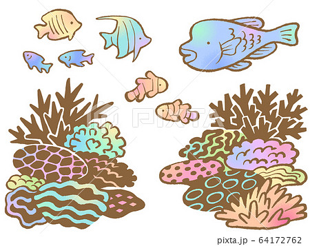 サンゴ礁と熱帯魚の手描きイラストセットのイラスト素材