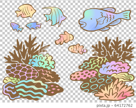 サンゴ礁と熱帯魚の手描きイラストセットのイラスト素材