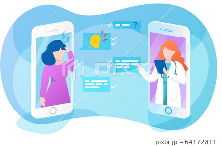 Online doctor app interface, sick woman asking therapist about headache, remote medical consultation, vector illustration. Online doctor app interface, sick woman asking therapist about headache, remote medical consultation, vector illustration. 64172811