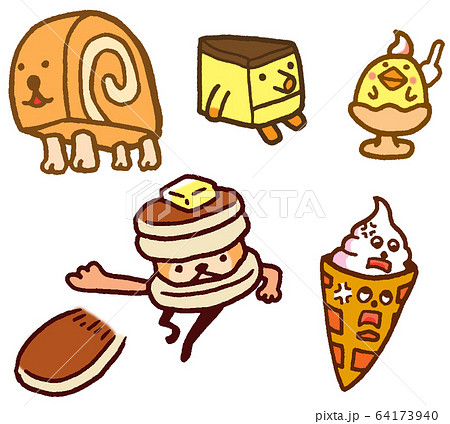 スイーツキャラクター ロールケーキ パンケーキのイラスト素材 64173940 Pixta
