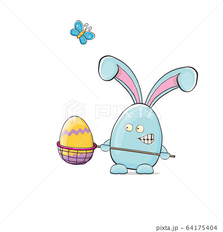Cartoon funny cartoon blue easter bunny holding butterfly net full of colorful easter eggs inside isolated on white background. Easter hand drawn blue cute rabbit sticker or label 64175404