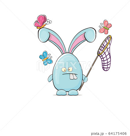 Cartoon funny cartoon blue easter bunny holding butterfly net isolated on white background. Easter hand drawn blue cute rabbit sticker or label 64175406