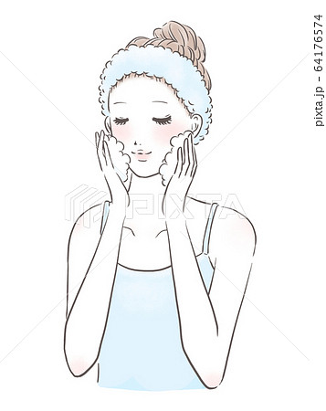 洗顔をする女性 上半身 白肌（水色） 64176574