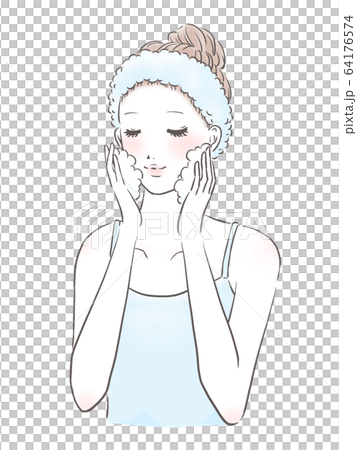 洗顔をする女性 上半身 白肌（水色） 64176574