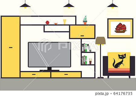 Cartoon graphic living room interior design with 64176735