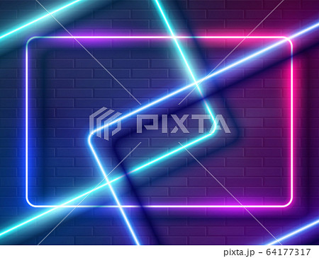 Neon Glowing Rectangle Frame for Banner on Dark Empty Grunge Brick Background 64177317