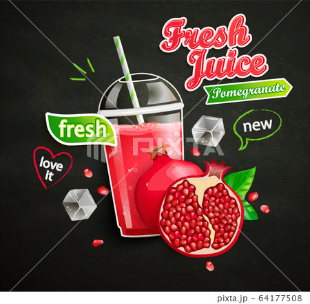 Fresh pomegranate juice with ice and fruit. 64177508
