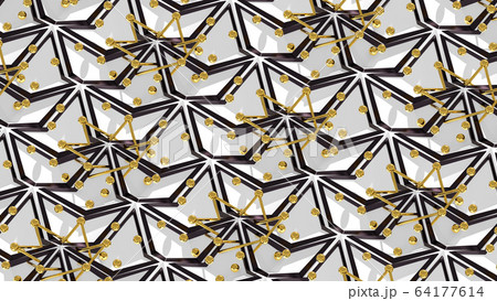 Abstract 3D background with fantasy luxury pattern of black and white triangular polygons and golden spheres. 3D illustration 64177614