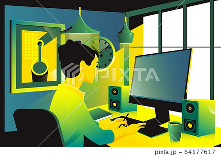 Businesswoman sitting on her workplace in the office, typing, looking at pc screen Businesswoman sitting on her workplace in the office, typing, looking at pc screen 64177617