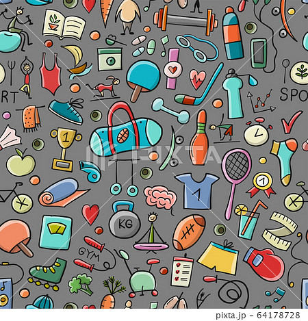 Healthy Lifestyle Background. Sport and activity. Fintess design elements. Seamless Pattern 64178728