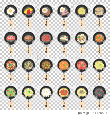 Illustration set of dishes cooked in a frying pan 64178804