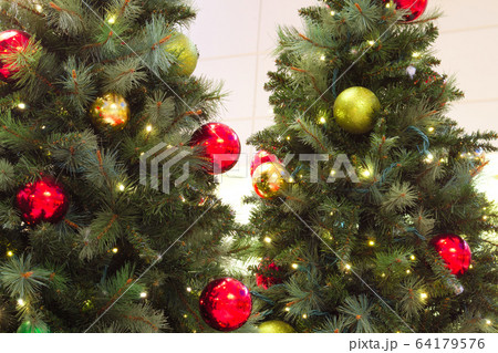 decorated trees for christmas and new year, pine lights and bauble decorated trees for christmas and new year, pine lights and bauble 64179576