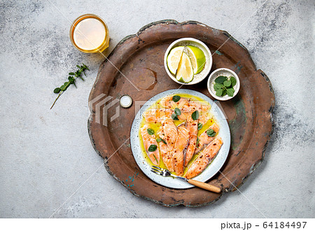 Latin American Italian dish Crudo de Salmon Raw Latin American Italian dish Crudo de Salmon Raw 64184497