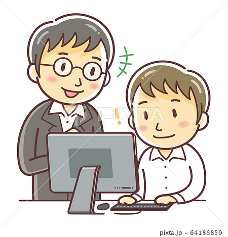 パソコンを教えてもらう若い男性 上司と部下 パソコン教室 のイラスト素材