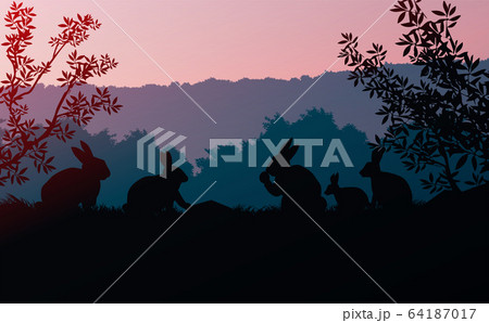 Group of rabbits in the meadow. Natural forest. Wild animals. Mountains horizon hills silhouettes. Sunrise and sunset. Landscape wallpaper. Illustration vector style. Colorful view background. 64187017