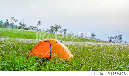 Camping tent tourist on hill mountain landscape Camping tent tourist on hill mountain landscape 64189808