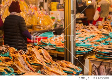 fishing village landscape. fresh fish market at the port in Korea 094 64189966