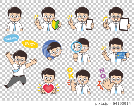 夏服のビジネスマンバリエーション　初心者マーク　スマートフォン　タブレット　虫眼鏡　クレジットカード 64190914