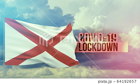 Coronavirus outbreak and coronaviruses influenza lockdown concept with flag of the states of USA. State of Alabama flag. Pandemic 3D illustration. 64192657