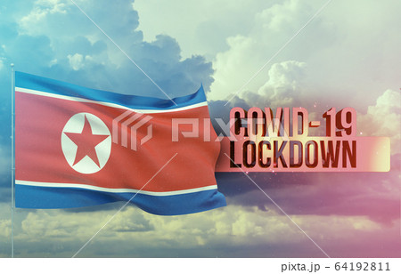 Coronavirus outbreak and coronaviruses influenza lockdown concept with flag of North Korea. Pandemic 3D illustration. 64192811
