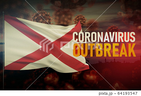 Coronavirus COVID-19 outbreak concept with flag of the states of USA. State of Alabama flag. Pandemic 3D illustration. Coronavirus COVID-19 outbreak concept with flag of the states of USA. State of Alabama flag. Pandemic 3D illustration. 64193547