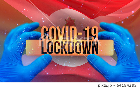 COVID-19 lockdown concept with backgroung of waving national flag of Burundi. Pandemic 3D illustration. COVID-19 lockdown concept with backgroung of waving national flag of Burundi. Pandemic 3D illustration. 64194285