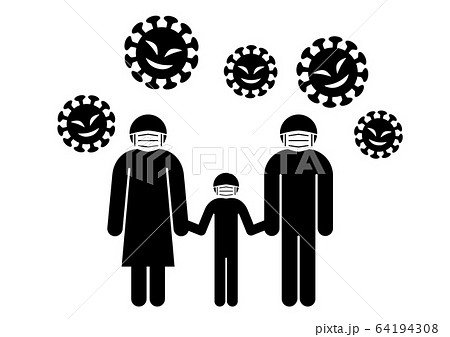 笑うコロナウイルスとマスクをした家族イメージ 白黒のイラスト素材