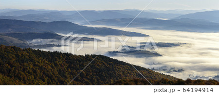 Ukraine, Zakarpattia region, Carpathians, Borzhava, Foggy hills of Carpathian Mountains at sunrise 64194914