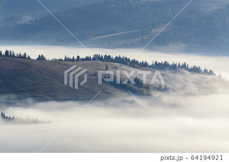 Ukraine, Zakarpattia region, Carpathians, Borzhava, Foggy hills of Carpathian Mountains at sunrise Ukraine, Zakarpattia region, Carpathians, Borzhava, Foggy hills of Carpathian Mountains at sunrise 64194921