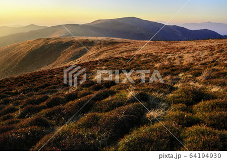 Ukraine, Zakarpattia region, Carpathians, Borzhava, Carpathian Mountains at sunset 64194930
