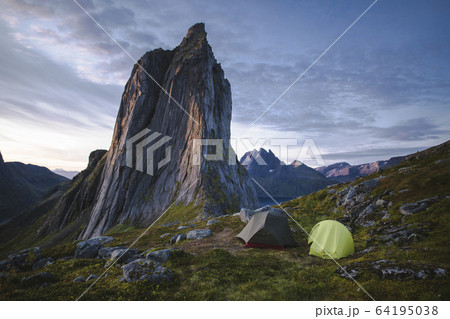 Norway, Senja, Two tents near Segla mountain at sunset 64195038