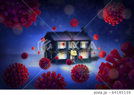 Digitally generated image of chained up house surrounded with Coronaviruses 64195139